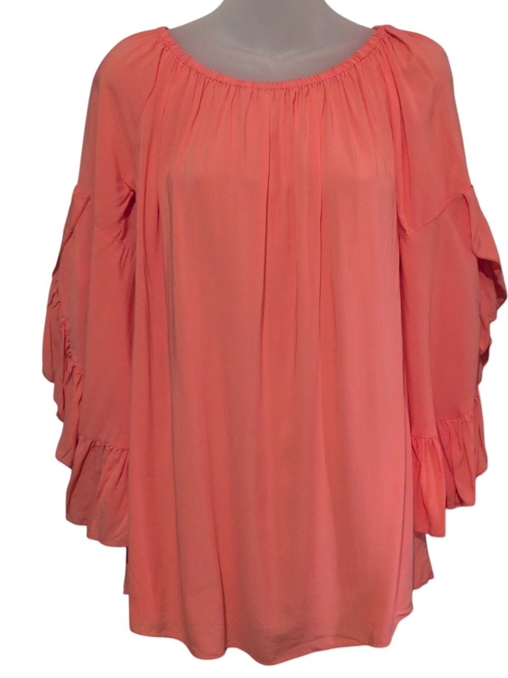 NWT Elan Vibrant Coral Medium Ruffled Sleeve Peasant Tunic Top Rayon Festival